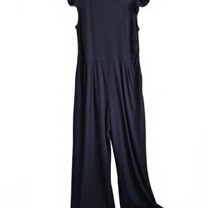 Ladies Navy Blue Ribbed Stretch Knit Jumpsuit Short Capped Sleeve Crew Nec